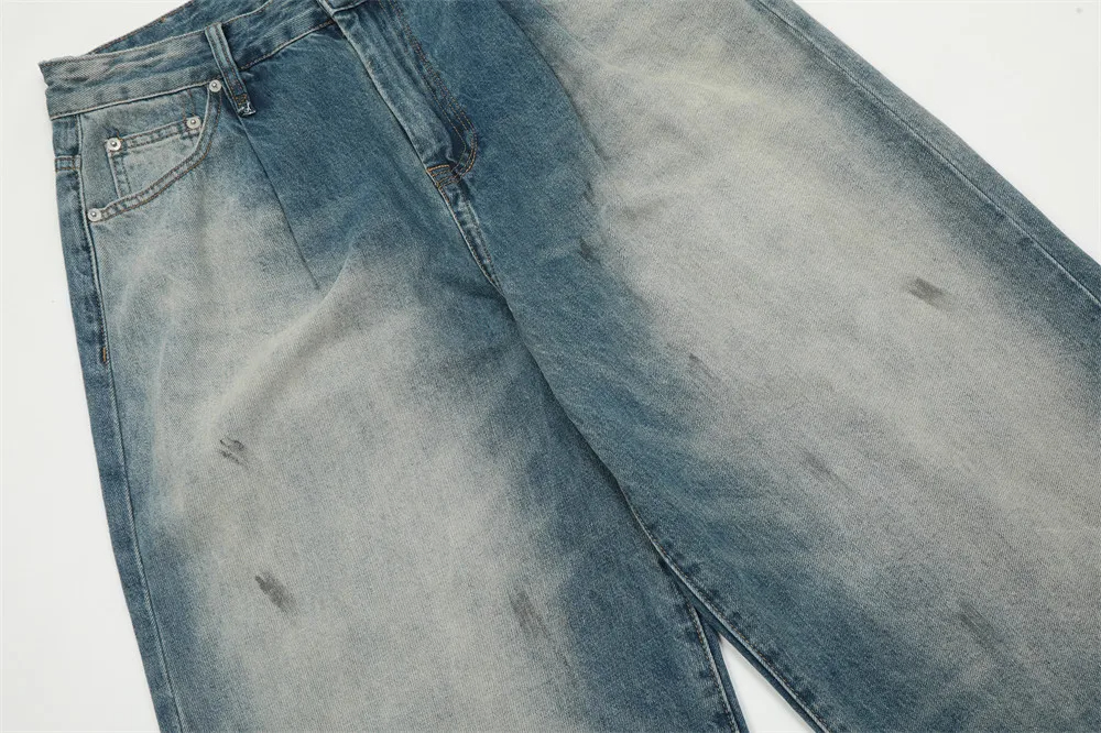 Streetwear Washed Retro Bleached Jeans Man Full Length Loose Straight Denim Wide Leg Pants Four Seasons