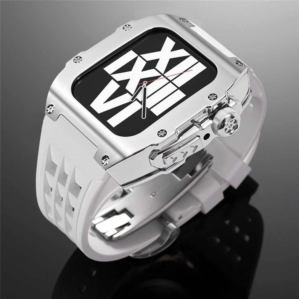 AP Mod Kit Caja de policarbonato de plata líquida para Apple Watch Series 8 7 6 5 4 SE Correa de silicona suave 44 mm 45 mm