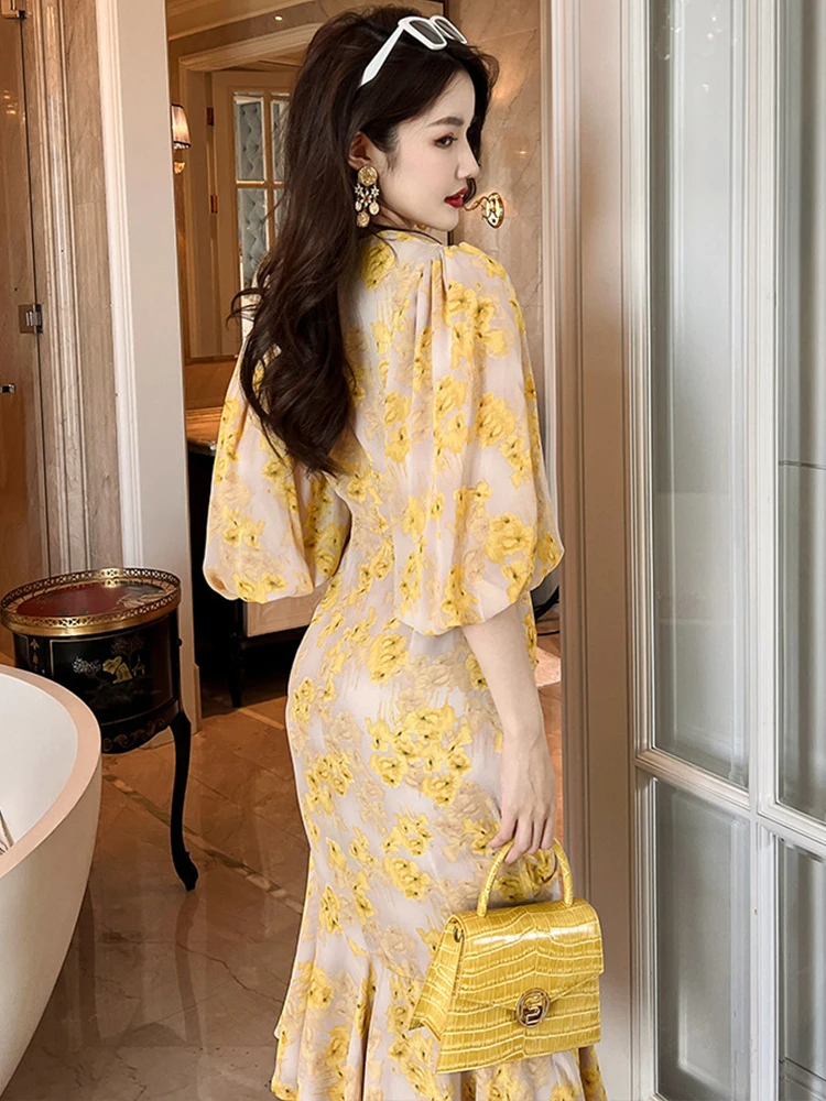 Basic Casual Women Dresses Summer Maxi Dress for Women Elegant Sweet Chic Chiffon Puff Sleeve Drawstring Irregular Ruffles Robe Femme Party Vestidos 2024