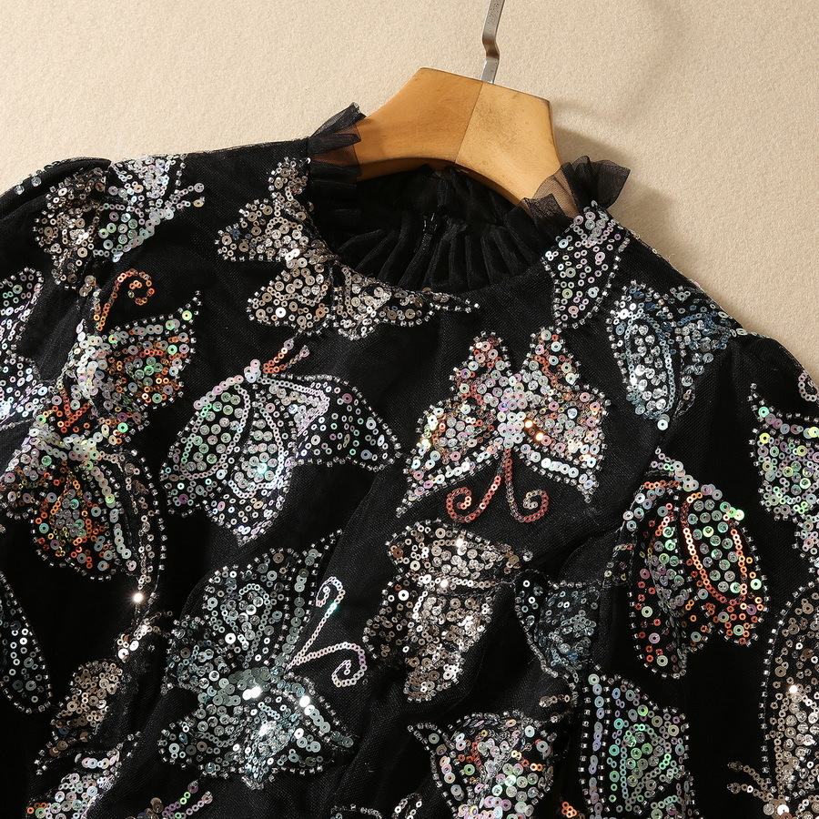 2023 Automne Black Butterfly Sequins Glitter Robe Sobeve Round Nou Mesh Long Maxi Robes décontractées S3S130914