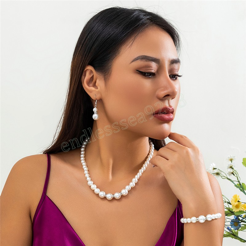 3 pièces/ensemble élégant Imitation perle chaîne collier Bracelet pour femmes doux Piercing goutte boucle d'oreille accessoires de mariage ensemble de bijoux