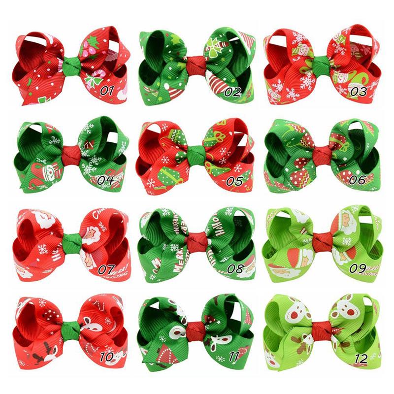 Baby Girls Bow Hairpins Barrettes Christmas Ribbon Cartoon Elk Snowflake Print Kids Headwear Clips Hair Associory