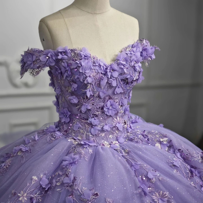 Lavender Sweetheart Princess Quinceanera Dresses Off the Shoulder Applique Flower Lace-up Corset Sweet 16 Dress vestidos de 15 anos