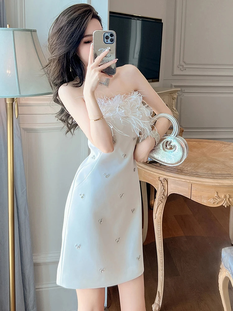 Basic Casual Women Dresses Summer Celebrity Cute Kawaii Strapless Elegant Luxury Diamonds White Dress Birthday Party Vestiods Girl Prom Club Gown Clothes 2024