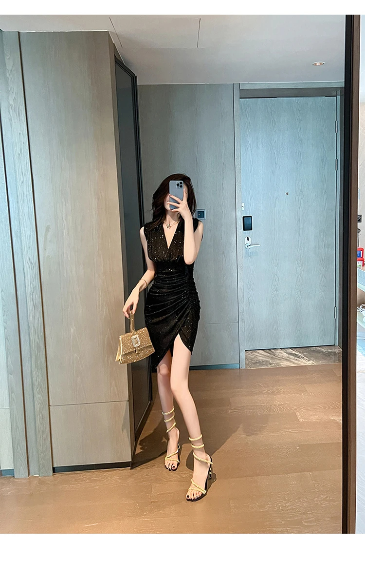 Basic Casual Women Dresses Summer Midi Dress Asymmetrical Elegant Sexy Bodycon Skinny Women's Clothing Shiny Glitter Silk Pleated Robe Femme Party Vestidos 2024