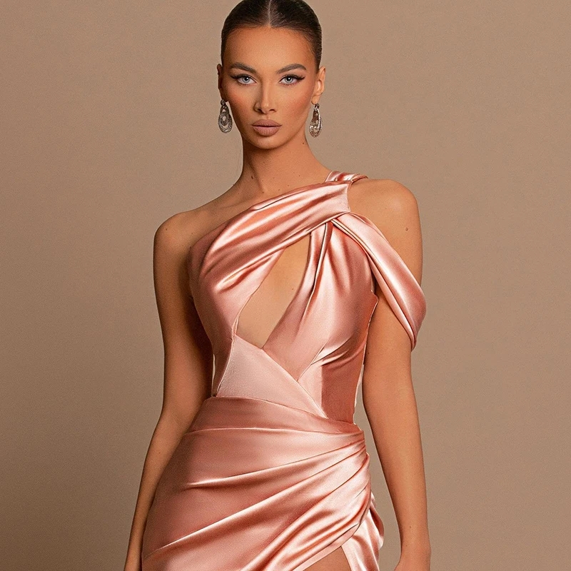 Pink Formal Mermaid Prom Evening Dresses One Shoulder Floor Length Party Dress Gowns Robe de Mariee