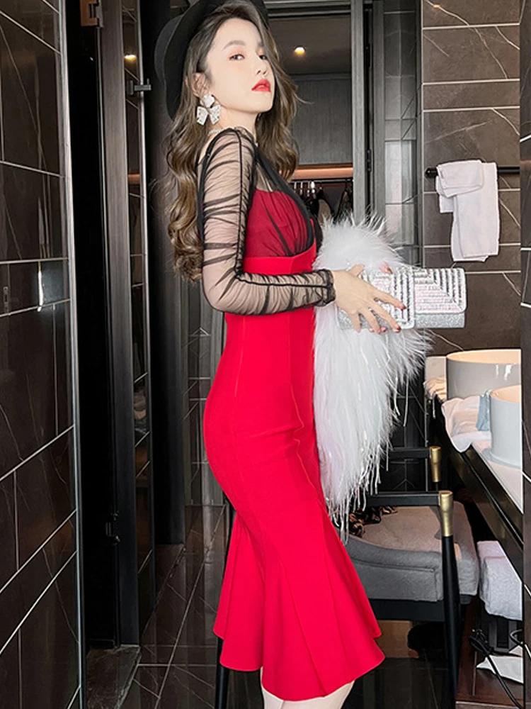 Basic Casual Women Dresses Summer Elegant Sexy Maxi Dress Women Sheer Black Mesh Red Slim Fit Trumpet Mermaid Robe Lady Wedding Christmas Prom Party Vestidos 2024