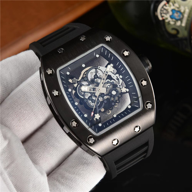 Best Selling Men Sports Watches Mens Watch 43mm Quartz Skeleton Movement Black Case Multicolor Silicone Strap Wristwatches