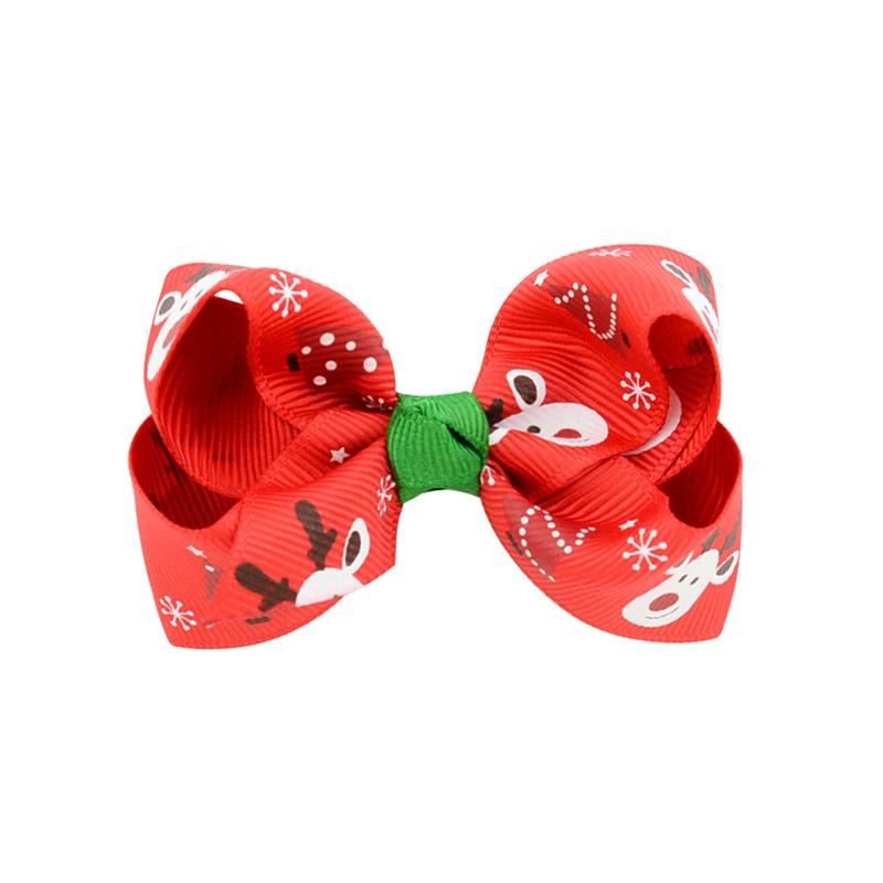 Baby Girls Bow Hairpins Barrettes Christmas Ribbon Cartoon Elk Snowflake Print Kids Headwear Clips Hair Associory