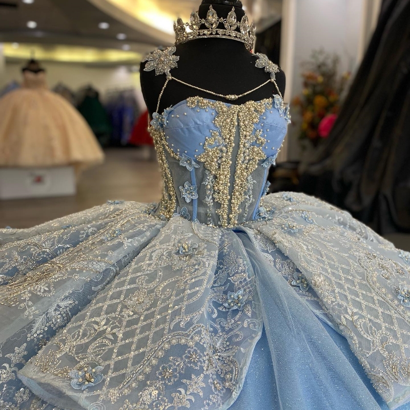 Gökyüzü mavi Omuzdan quinceanera elbiseler tül aplikler boncuk inci dantel yukarı vestidos de 15 anos 2024 prenses balo elbisesi