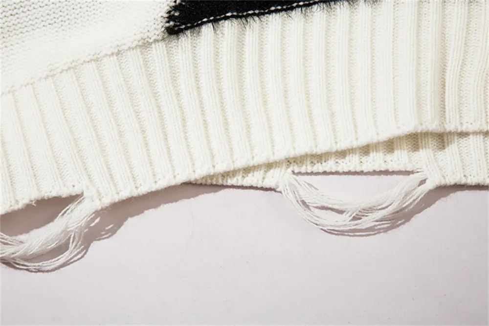 하이 스트리트 패치 워크 스웨터 느슨한 구멍 찢어진 캐주얼 니트 탑 가을 겨울