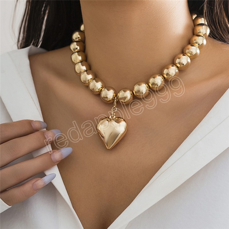 Punk Big Love Heart Pendant Choker Necklace for Women Vintage Chunky Heavy Beads Chain Grunge Jewelry Men