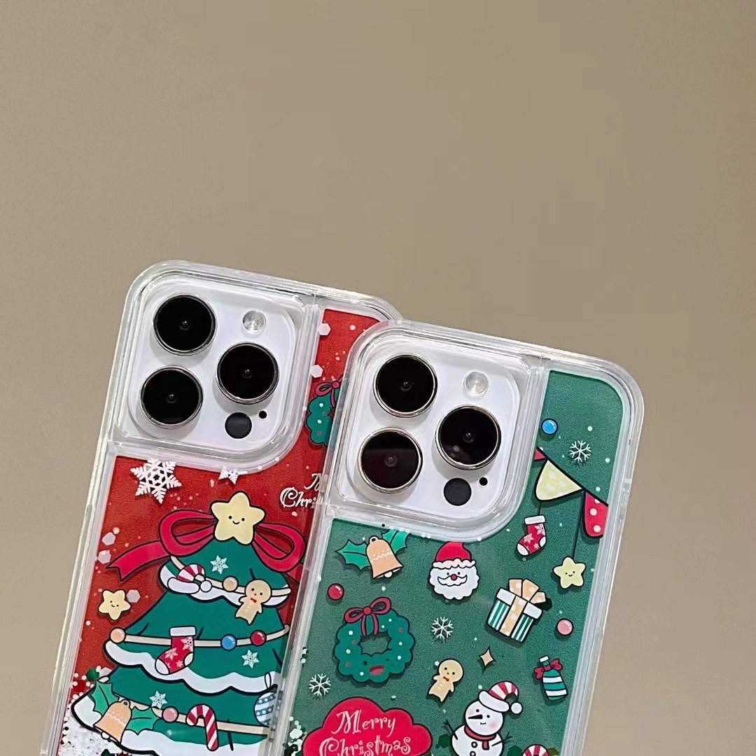 Christmas Cartoon New Year Present Liquid Glitter Quicksand Case For iPhone 15 14 11 12 Pro 13 Pro Max Clear Chocktproof Cover