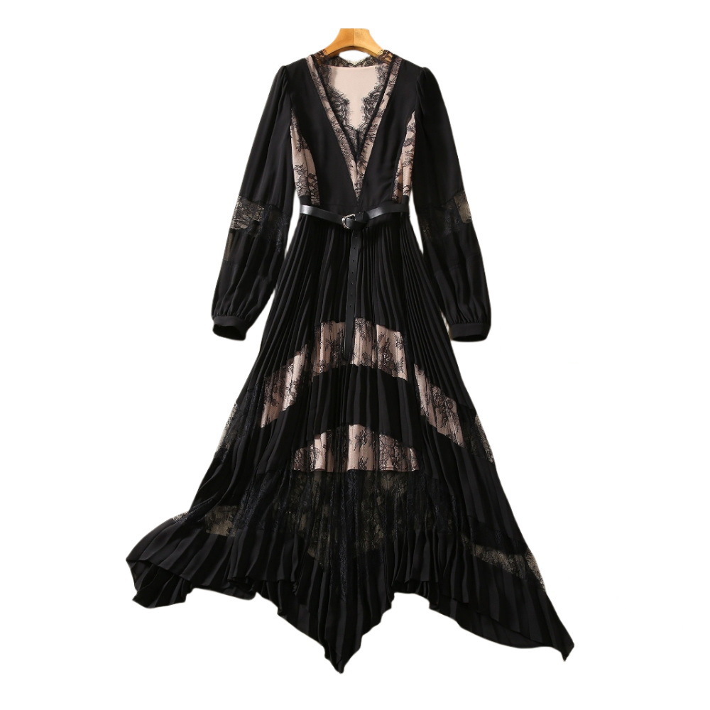 2023 Autumn Black Floral Lace Belted Chiffon Dress Long Sleeve V-Neck Pleated Asymmetry Midi Casual Dresses S3O261026