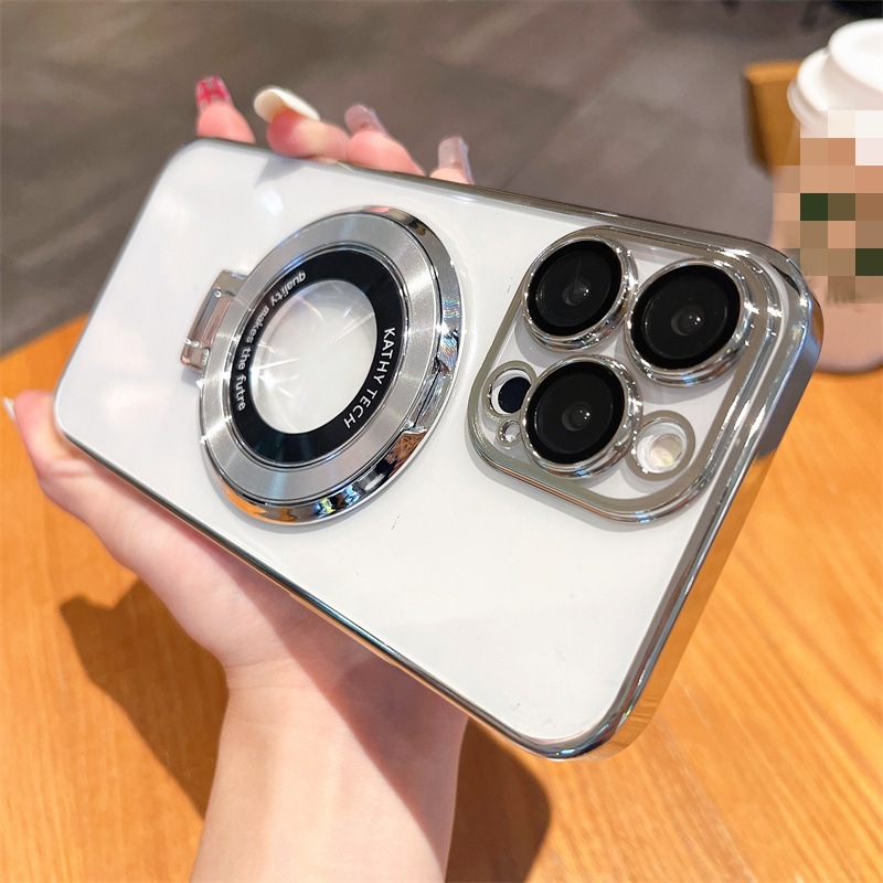 豪華なメッキ透明な回転可能リングブラケットスタンドカメラレンズ付きマグサフのケース用マグネティックガラスフィルム保護ハードPCカバーiPhone 15 14 13 12 11 Pro Max