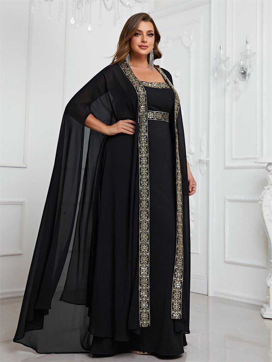 Stor två-delad aftonklänning Musilm set med svart lång klänning och dubbel mantel, arab dubai lång klänning fps383
