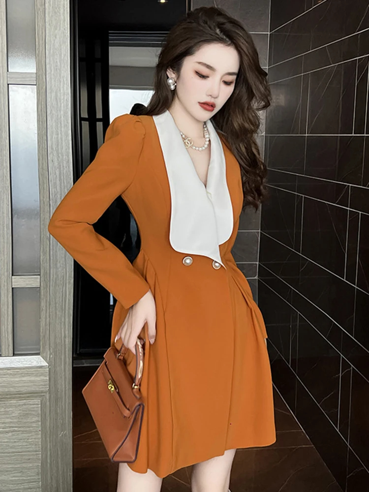 Basic Casual Dresses Cute Sweet Mini Dresses for Women 2024 Yellow White Panelled Folds A-line Dress Pearl Button Lady Clothes Party Street Vestido