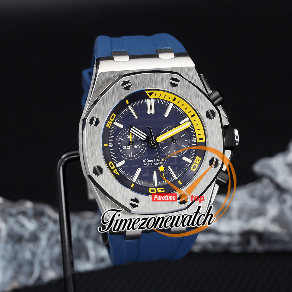 43mm Mergulho Novo Cronógrafo de Quartzo Relógio Masculino Azul Textura Dial Stick Marcadores Caixa de Aço Azul Pulseira de Borracha Cronômetro Gents Relógios Timezonewatch Z21a