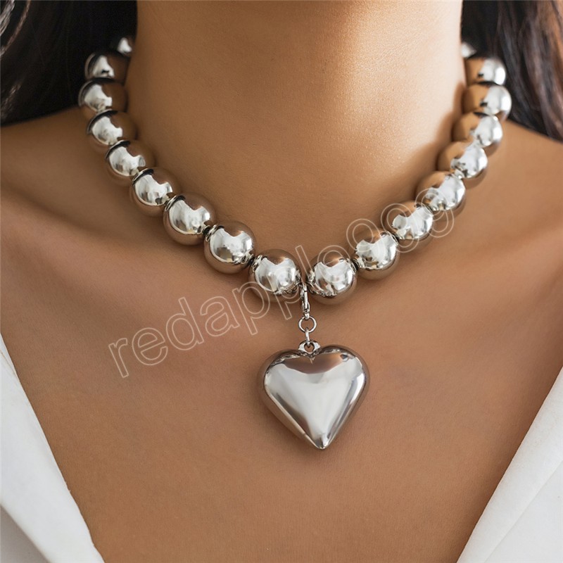 Punk Big Love Heart Pendant Choker Necklace for Women Vintage Chunky Heavy Beads Chain Grunge Jewelry Men