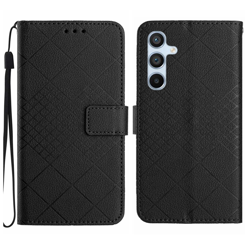 Kontrollerade PU -läderplånbok för Samsung S24 Plus S23 Ultra Fe S22 A15 A05 A05S A25 M54 A24 A34 A54 A04 A14 Square Cube Lines ID Card Slot Holder Flip Cover Pouch Strap