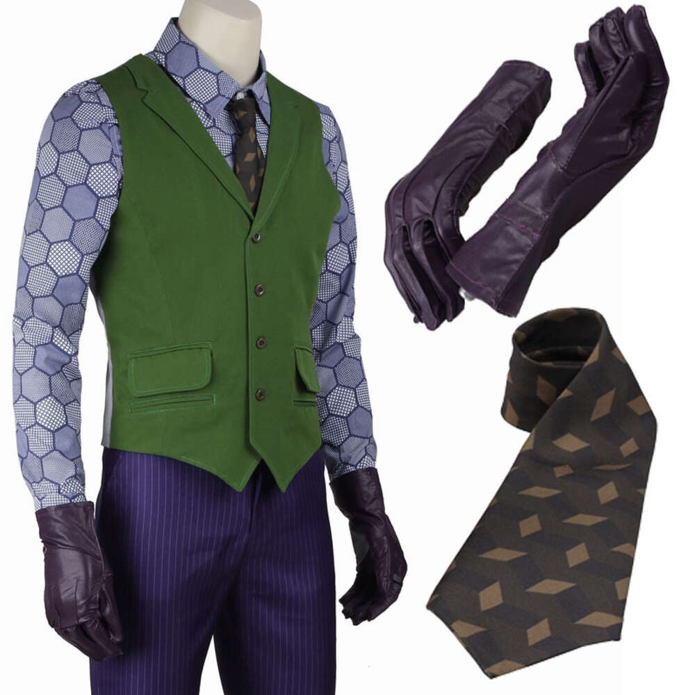 Cosplay Film Kara Şövalye Cosplay Costume Kötü adam Joker Suit Cadılar Bayramı Karnavalı Palyaço Kıyafet Mor Jacker ile Tam Setler