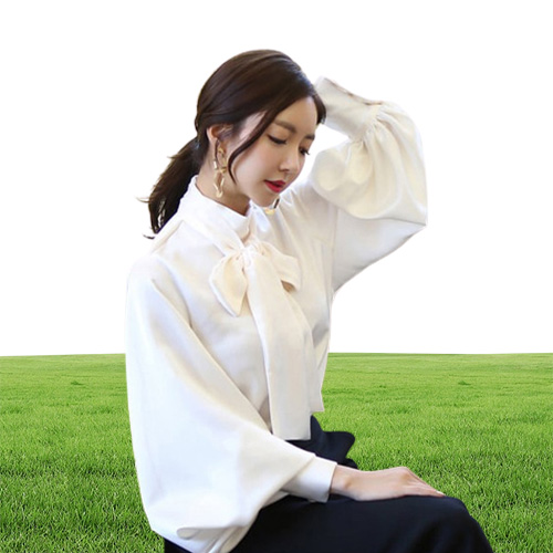 Women's Blouses & Shirts Pure White Bow Tie Blouse Chiffon Women ice Shirt Lantern Sleeve Blusas Femininas Formal Ladies Tops2626012