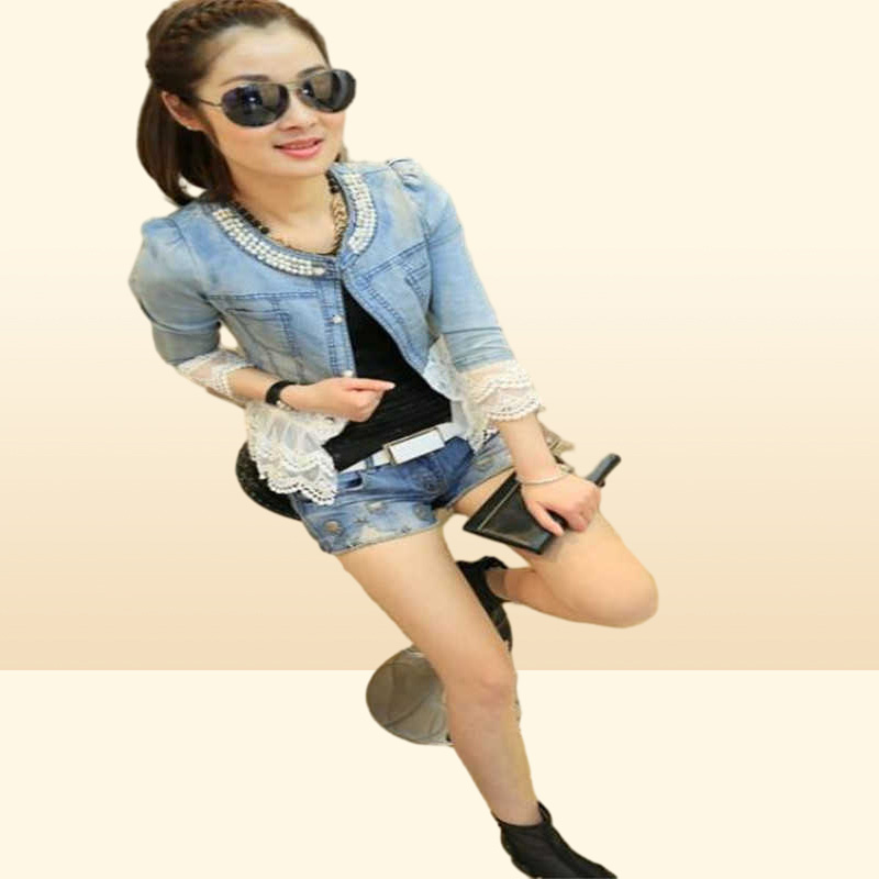 Elegante Spitzen -Denim -Jacke für Frauen lässige Kurzzeitkolleginer Perlen Patchwork Slim Jean Jackets Plus Size 4XL X07261160425