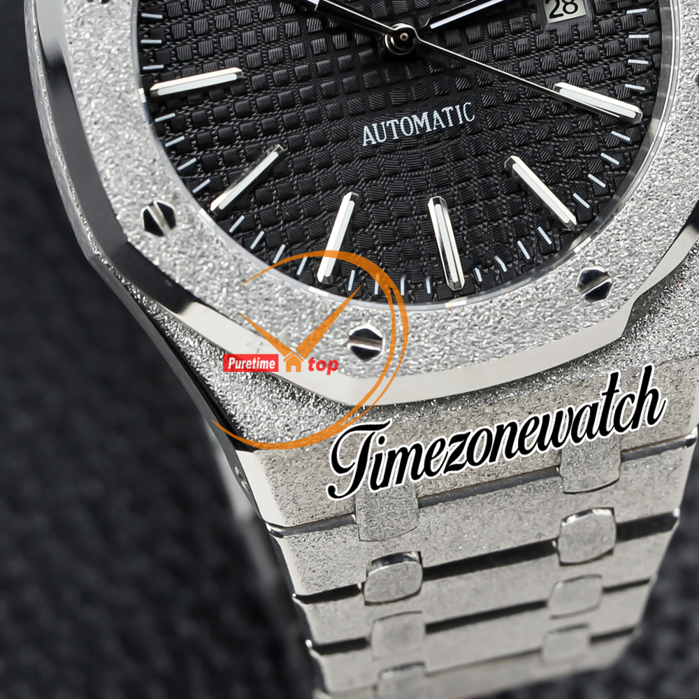 41 mm neue schwarze Textur-Automatik-Herrenuhr 15400 Silber Frost Gold mattiertes Stahlgehäuse Armband Datum Herrenuhren Timezonewatch Z20c