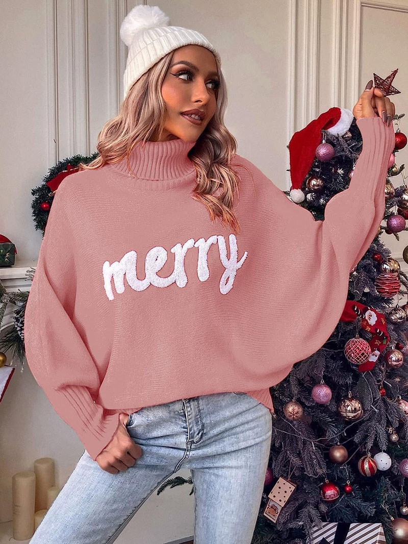 2023 Natale maglione lavorato a maglia donna dolcevita manica a pipistrello allegro pullover moda femminile capodanno lettera ricamo maglioni rossi 2310264