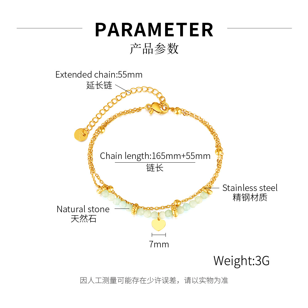 Semplici accessori gioielli in pietra naturale sovrapposti Bracciale con ciondoli a forma di cuore con sfera in acciaio inossidabile donne e ragazze da 8,66 pollici