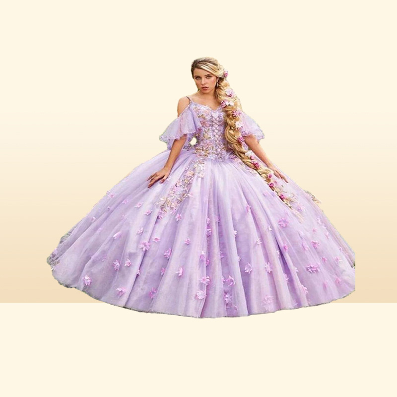 18 -wieczna Lilac Quinceanera Sukienki 2023 Off the ramion średniowieczna sukienka balowa z kwiatami 3D koronkową krótką rękawem Sweet 15 Vesti5716382