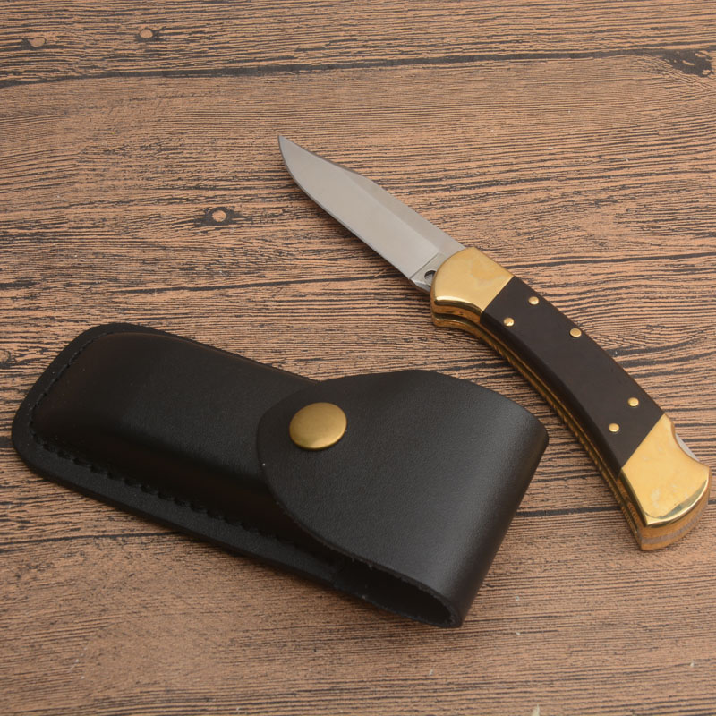 BK Classic 112 AUTO Tactical Folding Knife 440C Satin Blade Ebony/Brass Head Handle EDC Pocket Knives With Leather Sheath Gift Knifes