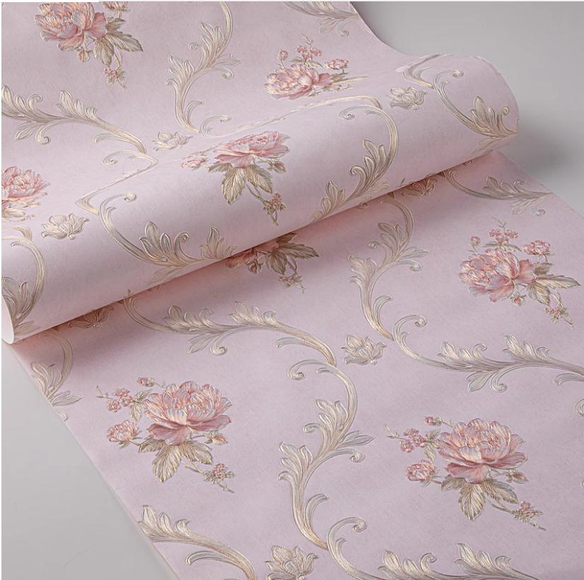 European light pink flower wallpaper bedroom living room beauty salon luxury atmospheric relief 3D background wall paper 3d wallpapers