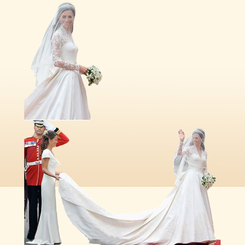 Oszałamiające sukienki ślubne Kate Middleton Royal skromne suknie ślubne koronkowe długie rękawy Warzanie Katedral Train