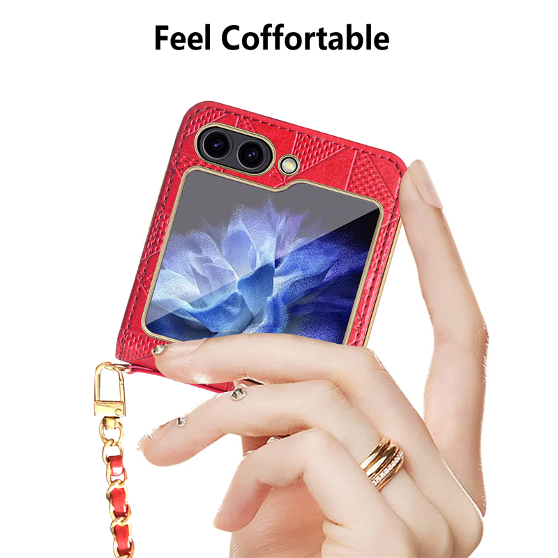 Crossbody Geometric Print Membrane Vogue Phone Case för Samsung Galaxy Folding Z Flip5 Flip4 Flip3 5G Halsband Fullt skyddande fast läderpläteringsskal