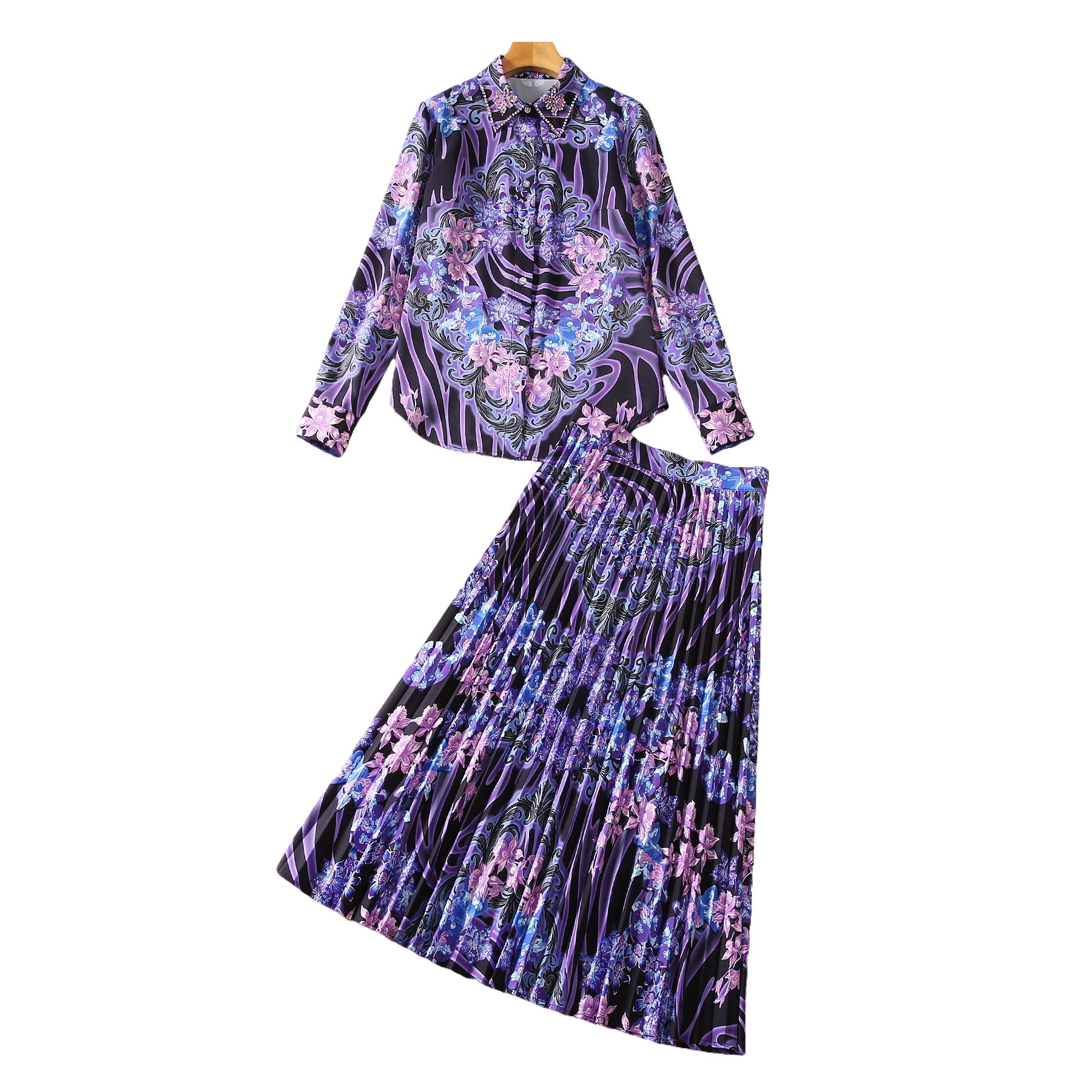 2024 Весенние фиолетовые комплекты из двух частей с принтом пейсли, блузка с длинными рукавами и лацканами, бисером + плиссированная юбка до середины икры, костюмы из двух частей S3S200921