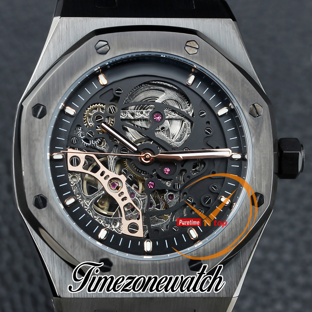 41mm Yeni Otomatik Erkek Saat iskeleti kadran Tourbillon 15416 PVD Tüm Siyah Çelik Kılıf Bilezik Bents TimezoneWatch Z20A