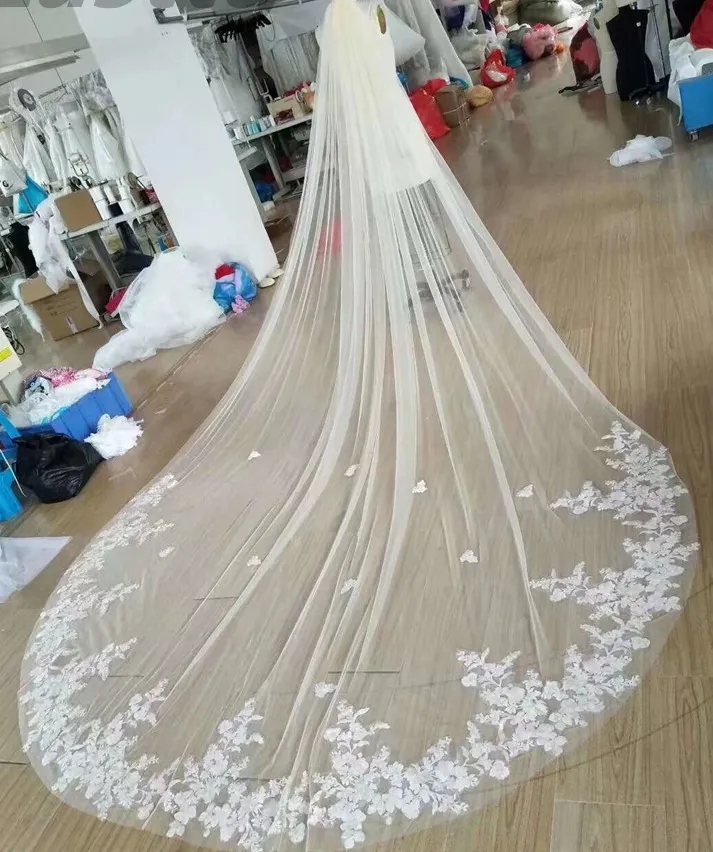 Véu de noiva longo com apliques de renda, uma camada, branco marfim, catedral, longo, com pente, 4 metros, acessórios para cabelo de casamento, cl2852