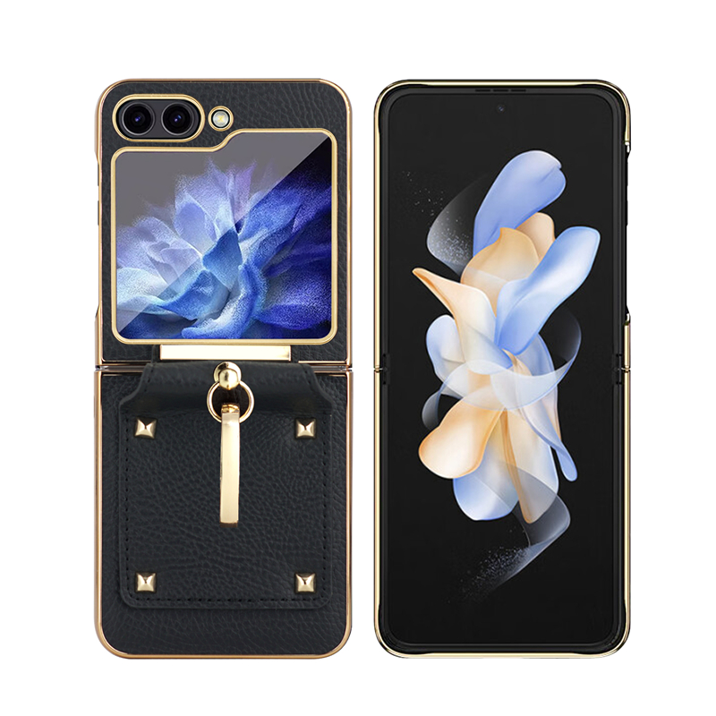 Custodia telefono Vogue con membrana rivetti con supporto anello di diamanti Samsung Galaxy Folding Z Flip5 Flip4 Flip3 5G Custodia protettiva completa in pelle di grana Litchi Placcatura Staffa Fold Shell