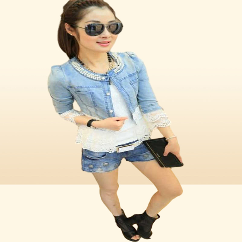 Elegante Spitzen -Denim -Jacke für Frauen lässige Kurzzeitkolleginer Perlen Patchwork Slim Jean Jackets Plus Size 4XL X07261160425