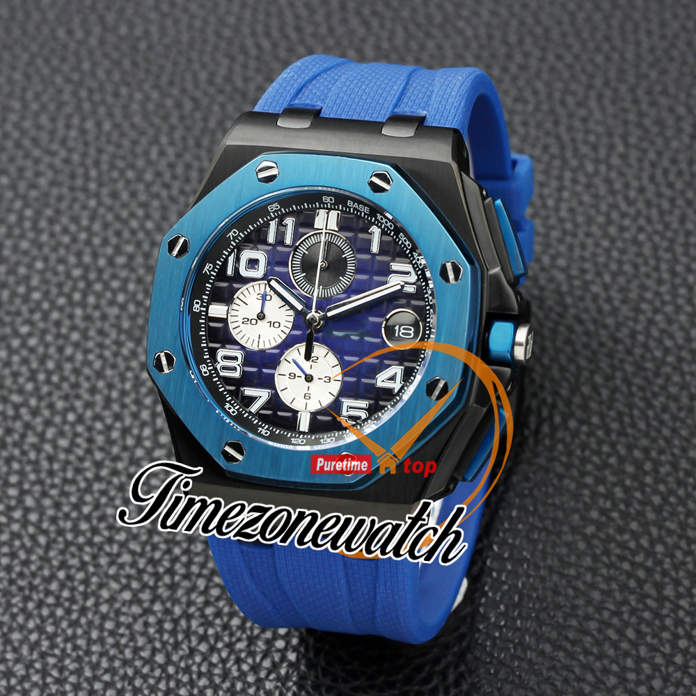 44mm New Quartz Chronograph Mens Watch 26405 Smoked Blue Texture Dial Stick Markers PVD Black Steel Case Blue Rubber Stopwatch Gents Watches Timezonewatch Z18a