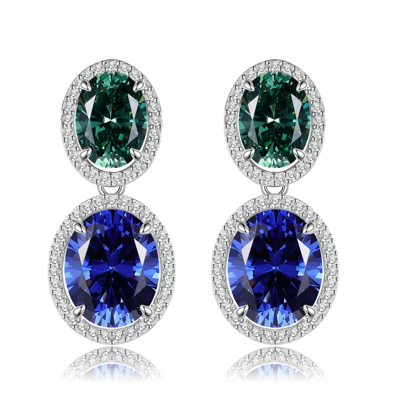 Ovale Saffier Smaragd Diamant Dangle Earring 100% Echt 925 Sterling Zilveren Bruiloft Druppel Oorbellen voor Vrouwen Bruids Sieraden Cadeau