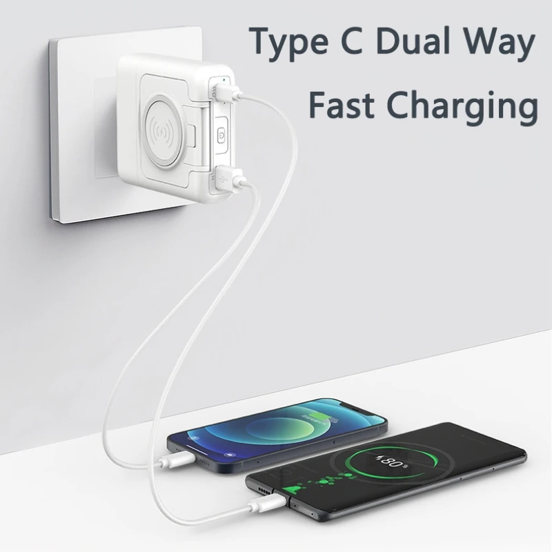 10000mAh Power Bank Wireless Charger Powerbank with Cable AC Plug for iPhone 14 Xiaomi Samsung 22.5W Fast Charging Spare Battery