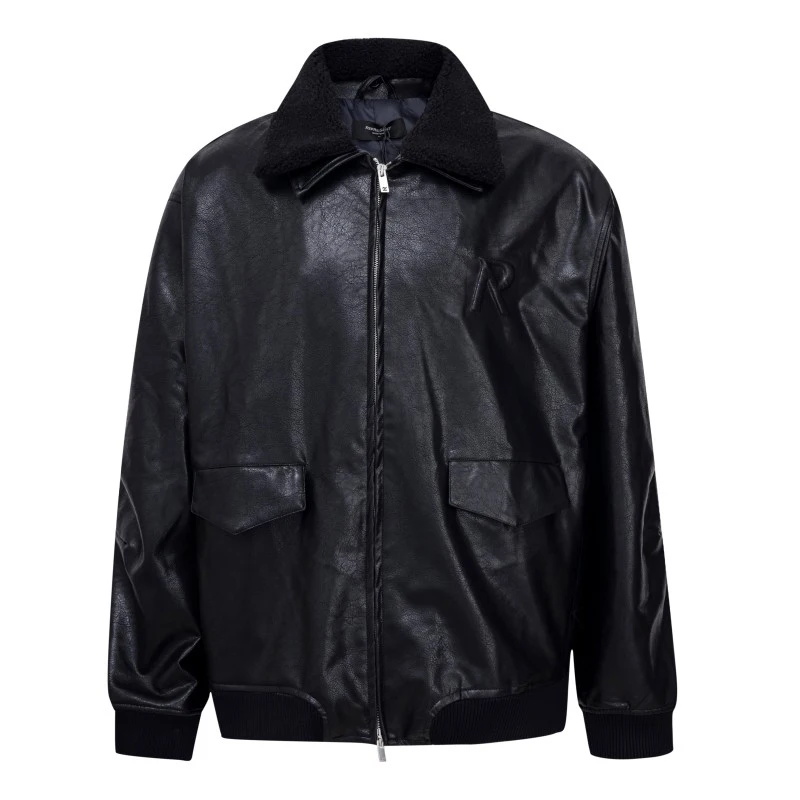 24ss Winter Black Jackets High Street Motorcycle Stly Lettering Fur Collar Leather Jacket Zipper Coat