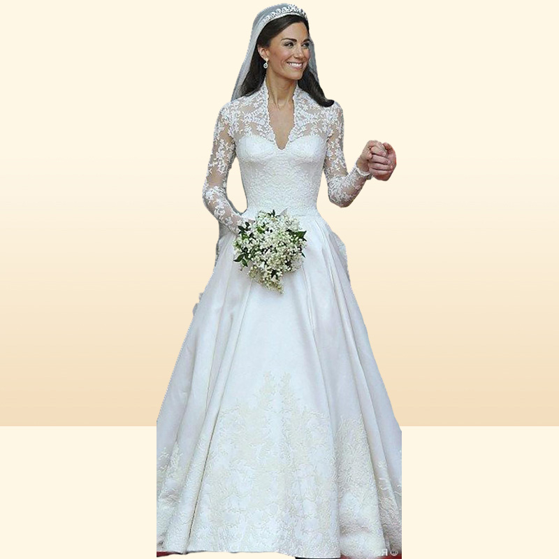 Потрясающие свадебные платья Кейт Миддлтон Королевские скромные свадебные платья Кружева с длинными рукавами и оборками Соборный шлейф на заказ High Quali8921733