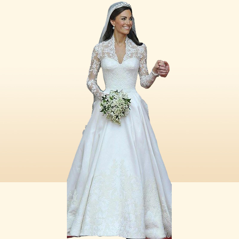 Impressionante Kate Middleton Vestidos de Noiva Royal Modest Vestidos de Noiva Rendas Mangas Compridas Ruffles Trem Catedral Custom Made Alta Quali1262102