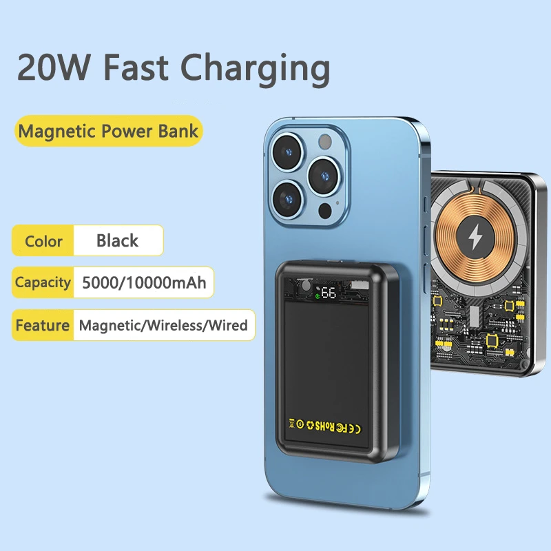 Transparent Power Bank 15W Portable Induction Charger Magnetic Qi Wireless Charger for iPhone 14 22.5W Fast Charging PowerBank