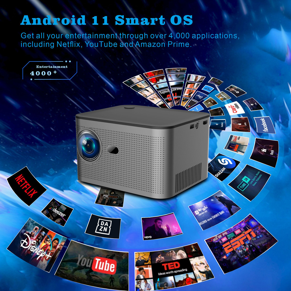 新しいHY350ホームプロジェクター4K HD Android 11デュアルバンドWIFI 6.0 300 ANSI BT5.0 1920*1080p Cinema Outdoor Portable Projecor