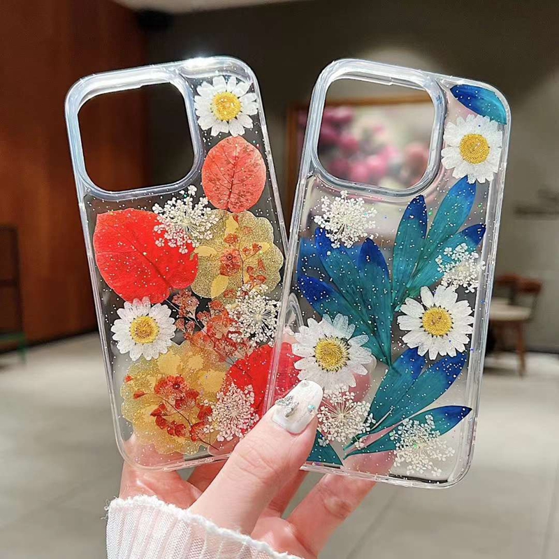 iPhone 15 Pro Max 14 Plus 13 12 11 Pro Dried Fashion Real Floral Foil Cone Clear Clysanthemum 포일 HARD ACRYLIC PC TPU COVER