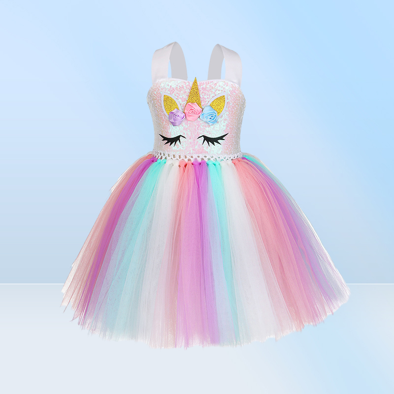 Nowa sukienka Tutu z opaską dla dziewcząt Dziewczynki Unicorn Sequin Suspender Tiul Dress Party Costume Szybka wysyłka 9588952
